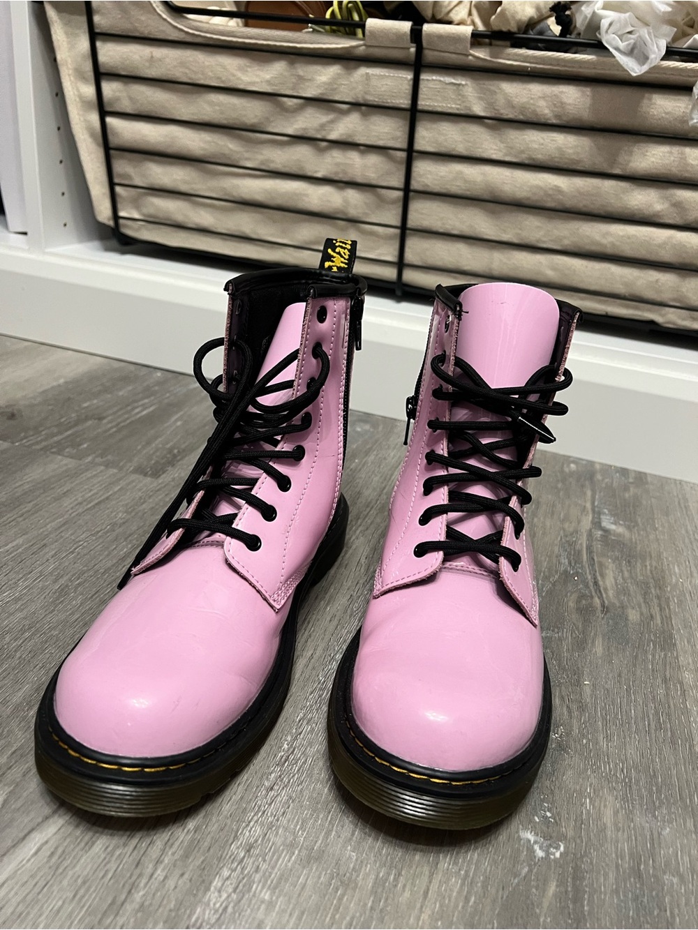 Dr. Martens Pink Leather Lace-Up Combat Boots with Black Accents